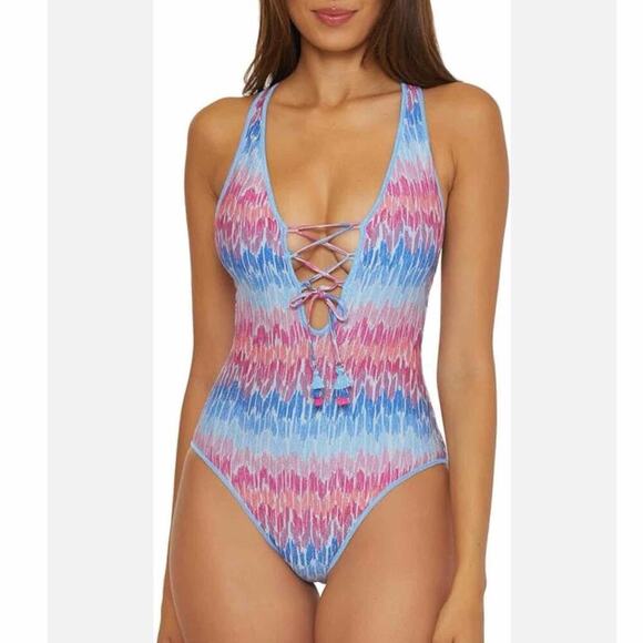 BECCA Joshua Tree One Piece Swimsuit Plunge Neck Adjustable Strap Medium - Picture 8 of 11